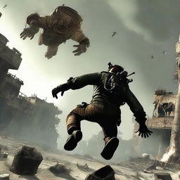 A dynamic action shot of the Lone Wanderer from Fallout 3 performing a sick backflip in a post-apocalyptic wasteland