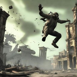 A dynamic action shot of the Lone Wanderer from Fallout 3 performing a sick backflip in a post-apocalyptic wasteland