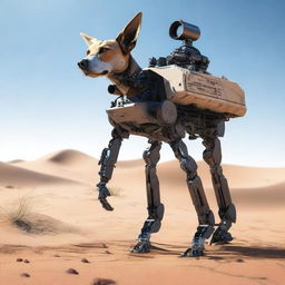 A highly realistic illustration of a sniper dog robot on sentry duty in the desert