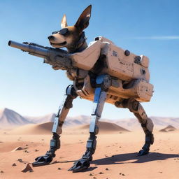 A highly realistic illustration of a sniper dog robot on sentry duty in the desert