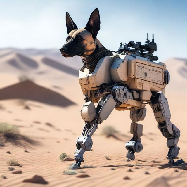 A highly realistic illustration of a sniper dog robot on sentry duty in the desert