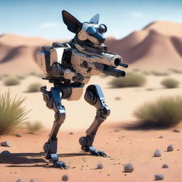 A highly realistic illustration of a sniper dog robot on sentry duty in the desert