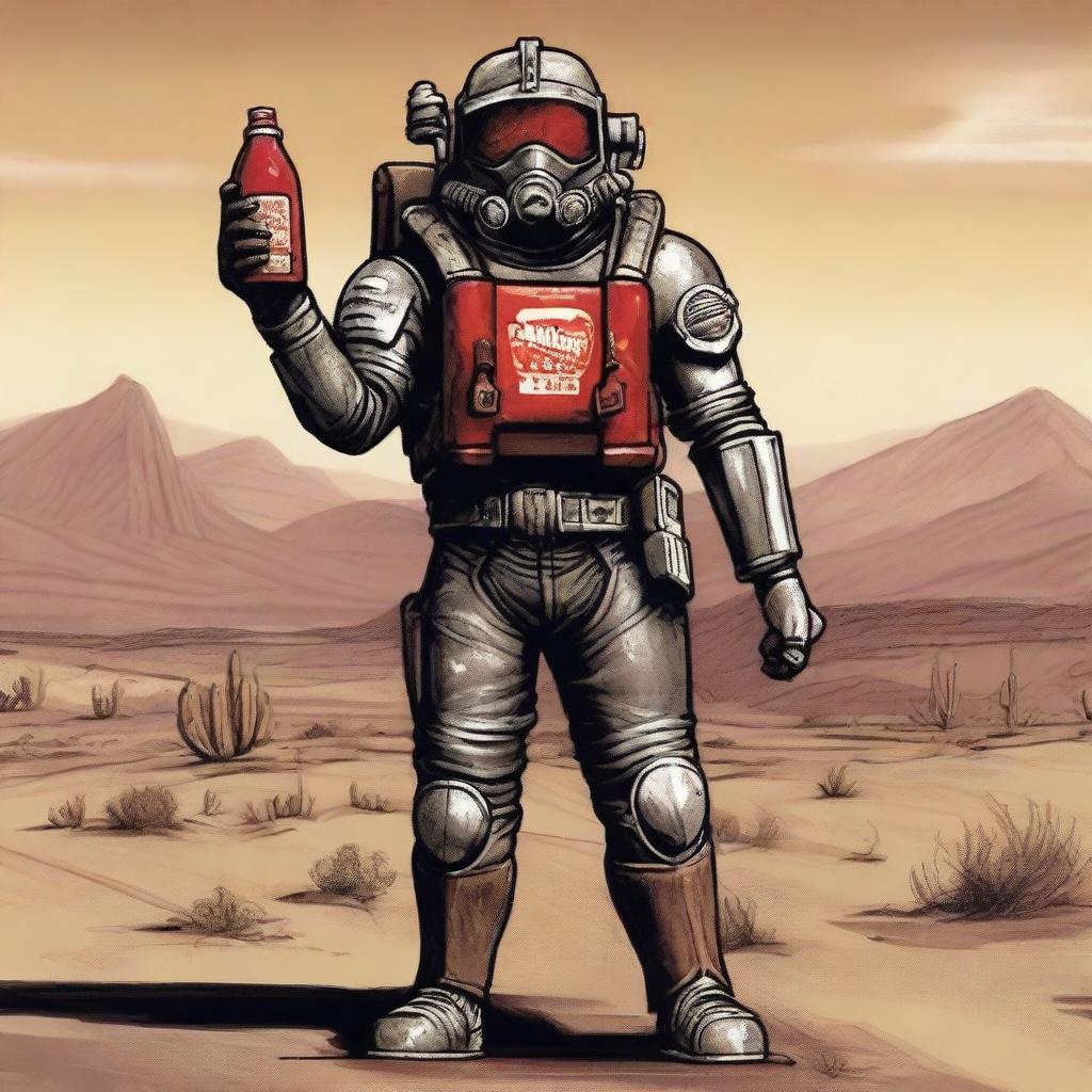 A detailed illustration of Courier Six from Fallout: New Vegas standing in the Mojave Desert, holding a bottle of ketchup