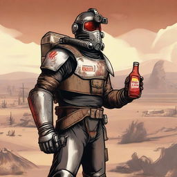 A detailed illustration of Courier Six from Fallout: New Vegas standing in the Mojave Desert, holding a bottle of ketchup