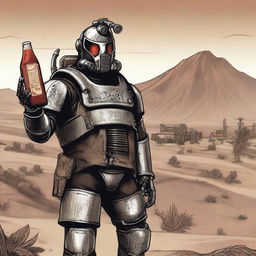 A detailed illustration of Courier Six from Fallout: New Vegas standing in the Mojave Desert, holding a bottle of ketchup