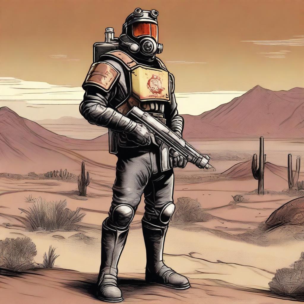 A detailed illustration of Courier Six from Fallout: New Vegas standing in the Mojave Desert, holding a bottle of ketchup