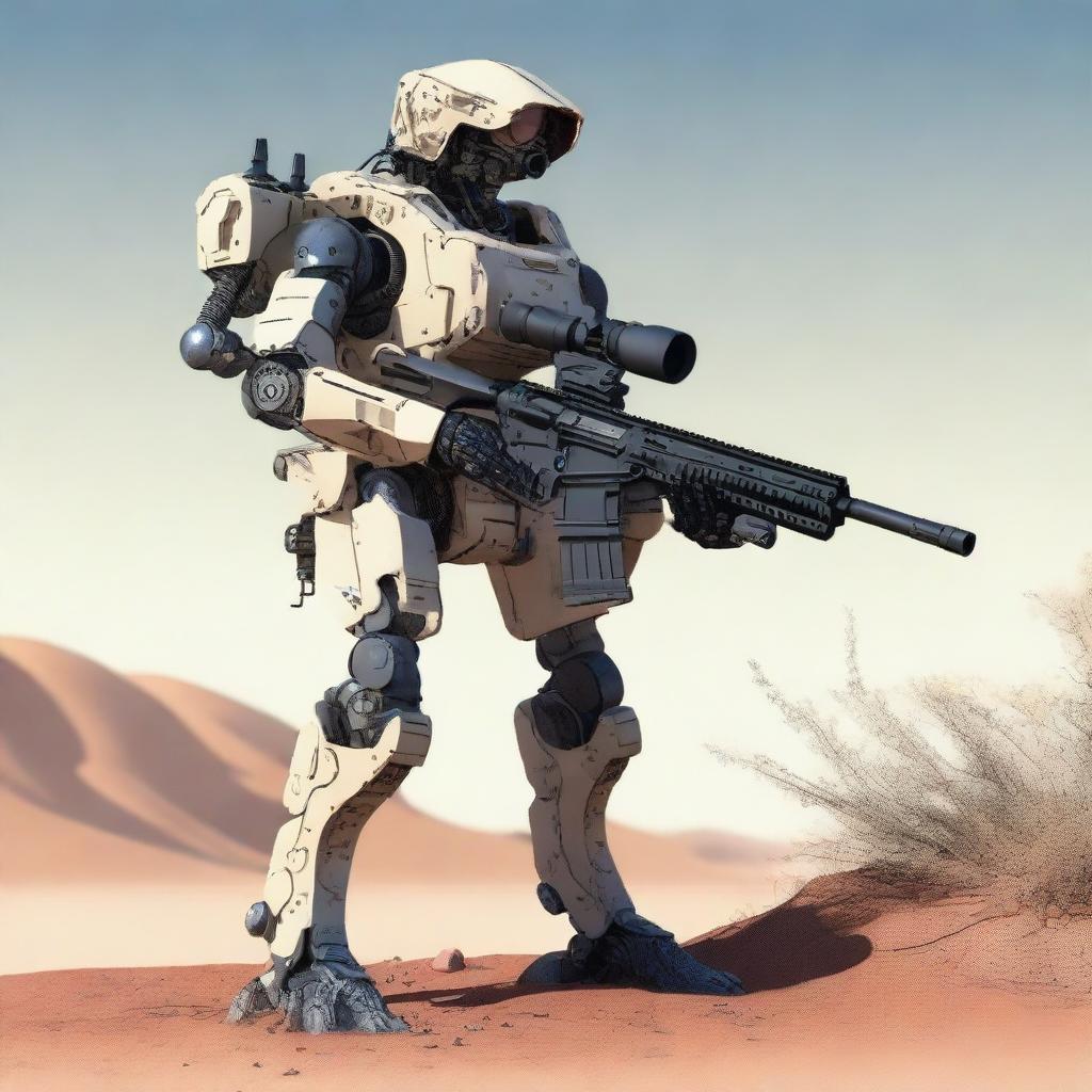 A highly realistic illustration of a sniper robot on sentry duty in the desert