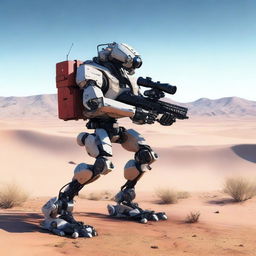 A highly realistic illustration of a sniper robot on sentry duty in the desert