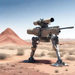 A highly realistic illustration of a sniper robot on sentry duty in the desert