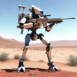 A highly realistic illustration of a sniper robot on sentry duty in the desert