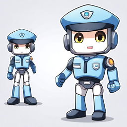 A cute anime-style robot cop mascot with large expressive eyes, a friendly smile, and a police uniform