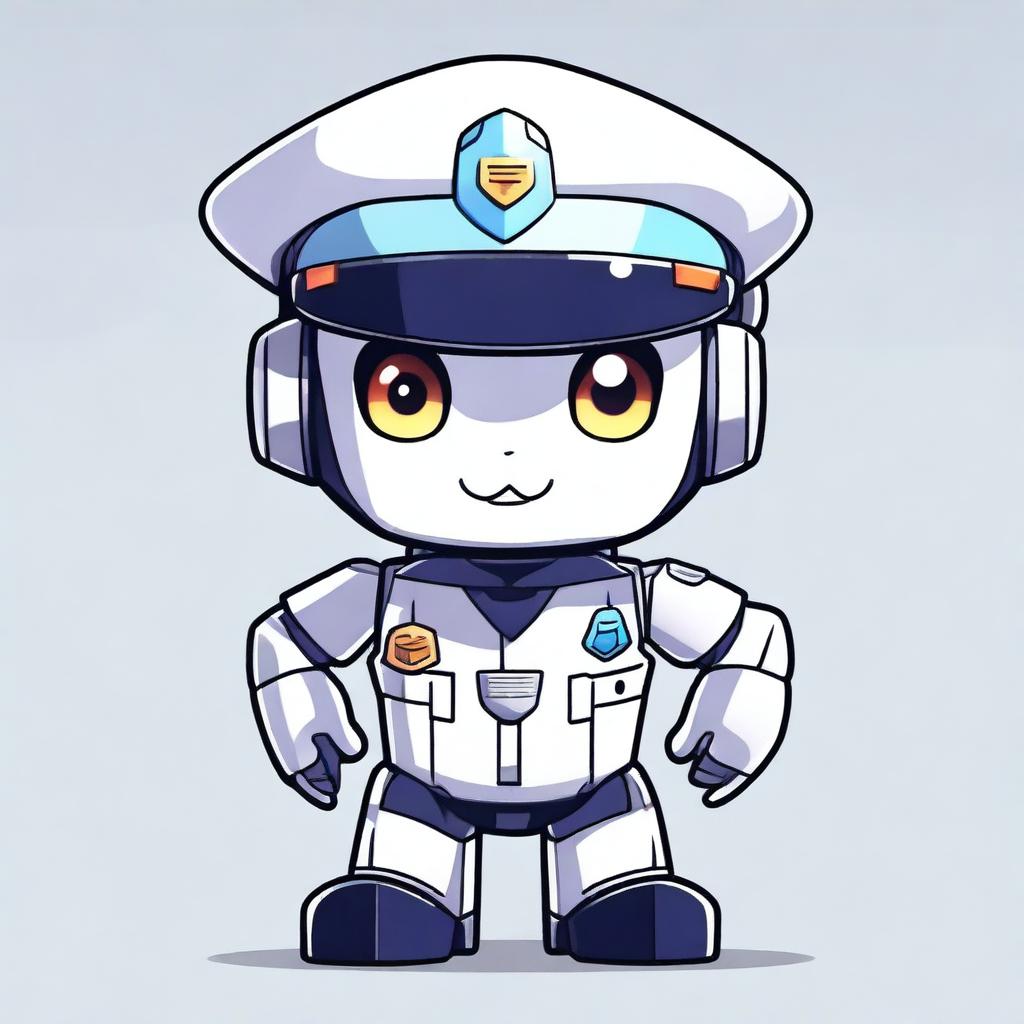 A cute anime-style robot cop mascot with large expressive eyes, a friendly smile, and a police uniform