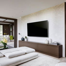 A lavish living room featuring a flat-screen TV mounted on a wall and a cozy white sofa.