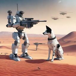 A highly realistic illustration of a sniper robot on sentry duty in the desert, accompanied by an Australian blue heeler dog