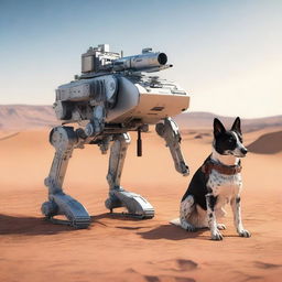 A highly realistic illustration of a sniper robot on sentry duty in the desert, accompanied by an Australian blue heeler dog