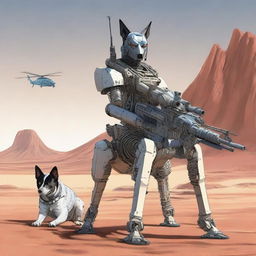 A highly realistic illustration of a sniper robot on sentry duty in the desert, accompanied by an Australian blue heeler dog