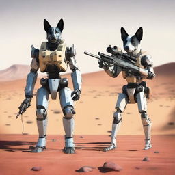 A highly realistic illustration of a sniper robot on sentry duty in the desert, accompanied by an Australian blue heeler dog