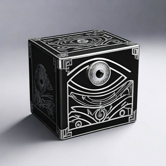 Create an image featuring a black box with the logo of an eye