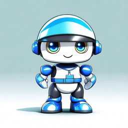 An adorable anime-style robot police mascot with large, expressive eyes, a friendly smile, and a police uniform