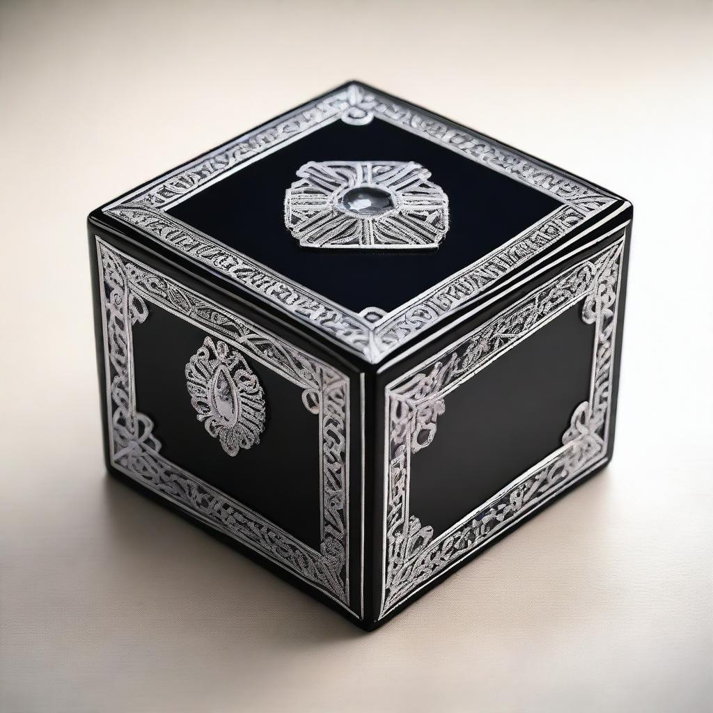 Create an image featuring a black box that is decorated with intricate silver lines