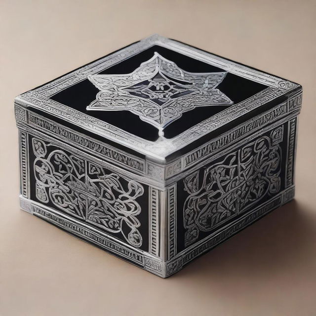 Create an image featuring a black box that is decorated with intricate silver lines