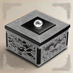 Create an image featuring a black box that is decorated with intricate silver lines