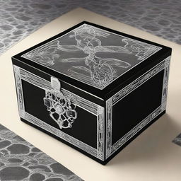 Create an image featuring a black box that is decorated with intricate silver lines