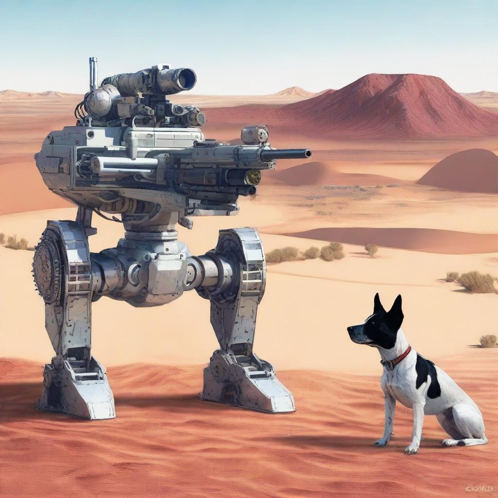 A highly realistic illustration of a sniper robot on sentry duty in the desert, accompanied by an Australian blue heeler dog