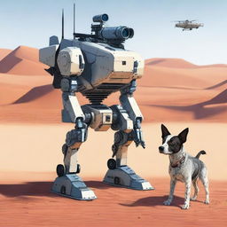 A highly realistic illustration of a sniper robot on sentry duty in the desert, accompanied by an Australian blue heeler dog