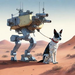 A highly realistic illustration of a sniper robot on sentry duty in the desert, accompanied by an Australian blue heeler dog