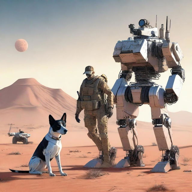 A highly realistic illustration of a sniper robot on sentry duty in the desert, accompanied by an Australian blue heeler dog