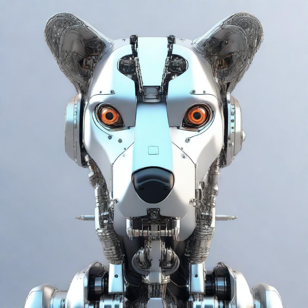 A highly realistic illustration of a robot dog's head, looking directly towards the screen