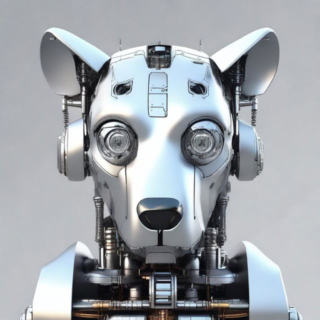 A highly realistic illustration of a robot dog's head, looking directly towards the screen