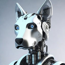 A highly realistic illustration of a robot dog's head, looking directly towards the screen