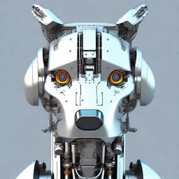 A highly realistic illustration of a robot dog's head, looking directly towards the screen