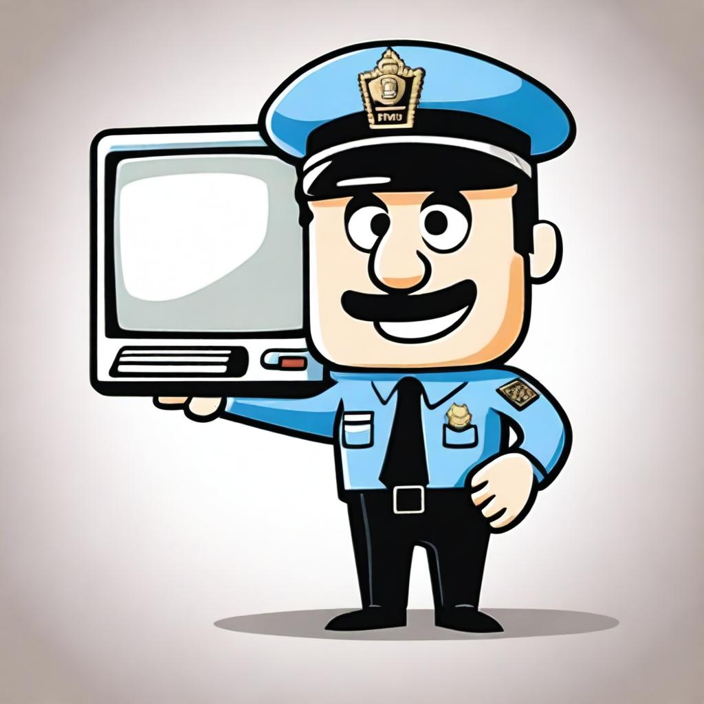 A cartoon-style policeman with a CRT television for a head