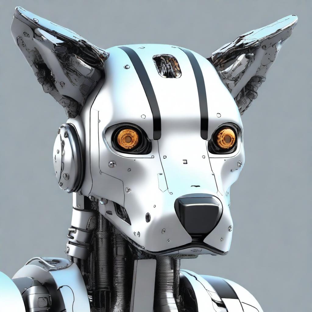 A highly realistic illustration of a robot dog's head, looking directly towards the screen