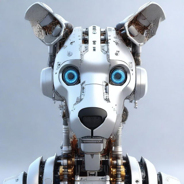 A highly realistic illustration of a robot dog's head, looking directly towards the screen