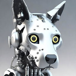 A highly realistic illustration of a robot dog's head, looking directly towards the screen