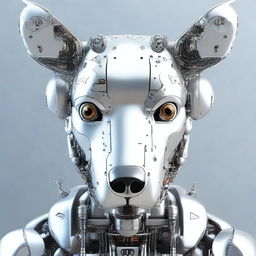 A highly realistic illustration of a robot dog's head, looking directly towards the screen