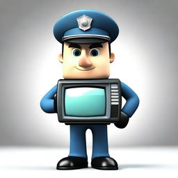 A policeman with a CRT television for a head, dressed in a traditional police uniform complete with a hat, badge, and belt