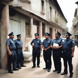 A realistic photograph of policemen watching a Skibidi Toilet