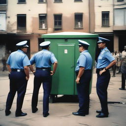 A realistic photograph of policemen watching a Skibidi Toilet