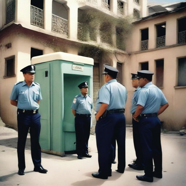 A realistic photograph of policemen watching a Skibidi Toilet