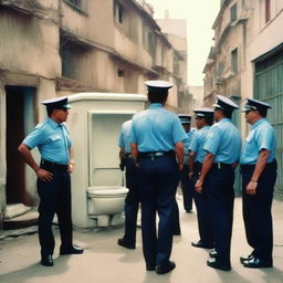 A realistic photograph of policemen watching a Skibidi Toilet