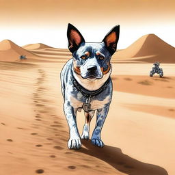 A highly realistic illustration of an Australian Blue Heeler standing in a desert