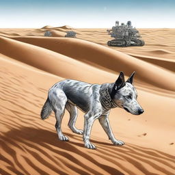 A highly realistic illustration of an Australian Blue Heeler standing in a desert