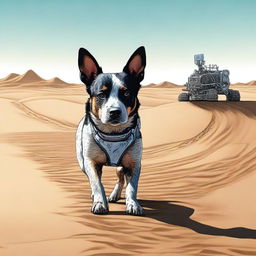 A highly realistic illustration of an Australian Blue Heeler standing in a desert