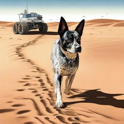 A highly realistic illustration of an Australian Blue Heeler standing in a desert