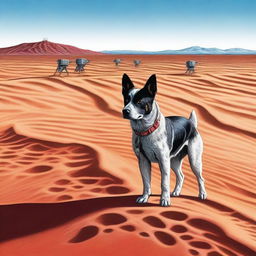 A highly realistic illustration of an Australian blue heeler standing in the desert, looking at the tracks of a robot heading out of shot in the sand